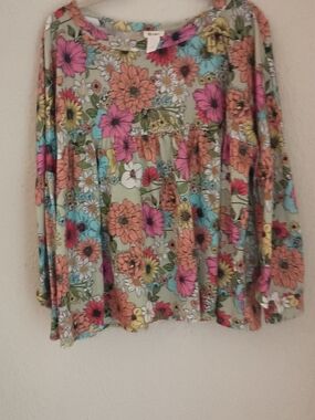 Floral Peasant Blouse in Sage with Bright Blooms